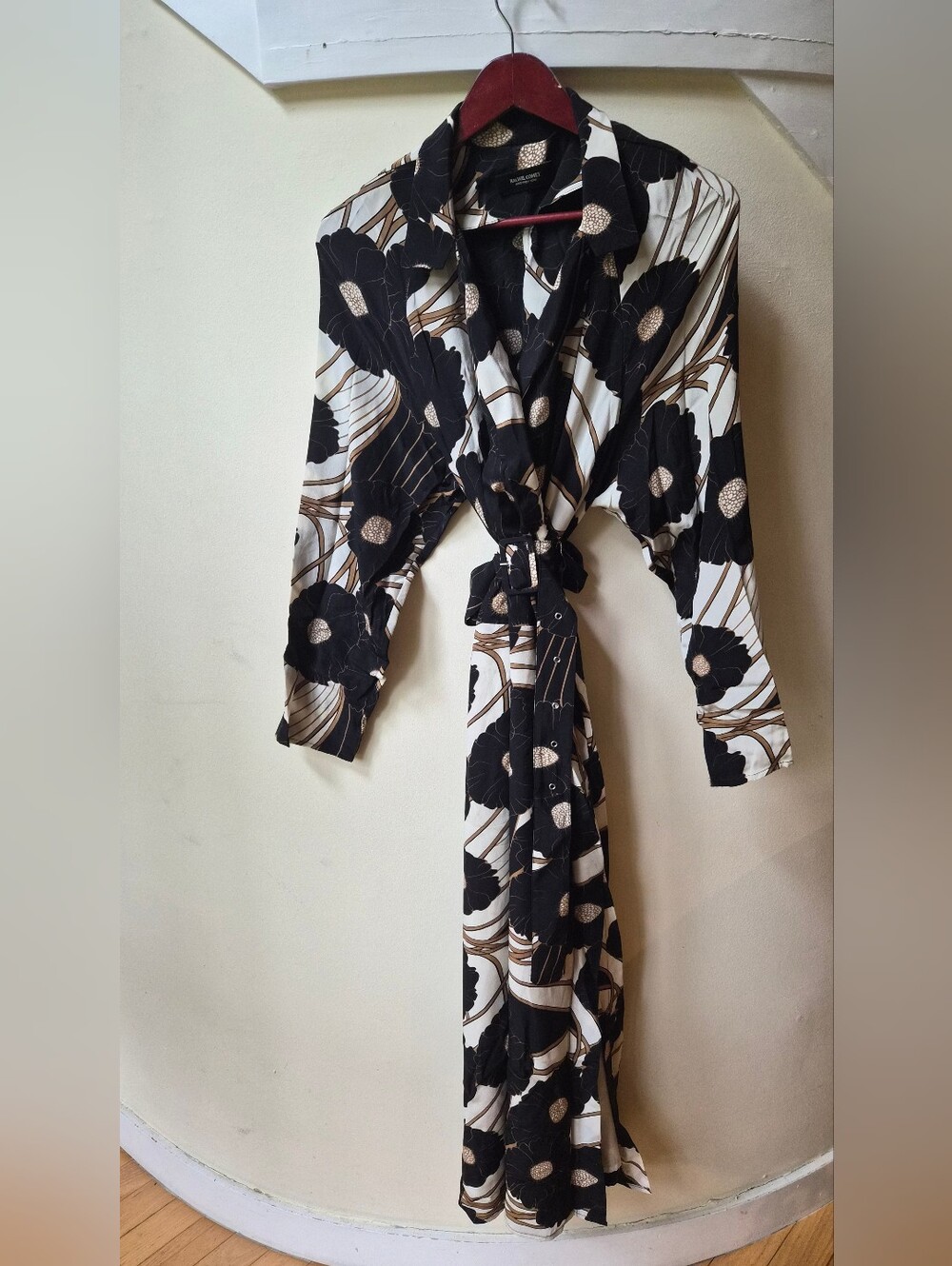 Rachel Comey Black Ivory Floral Belted Maxi Shirt Dress